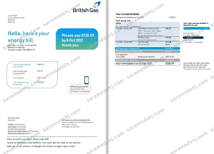 United Kingdom British Gas utility bill template in Word and PDF format (2 pages), version 3
